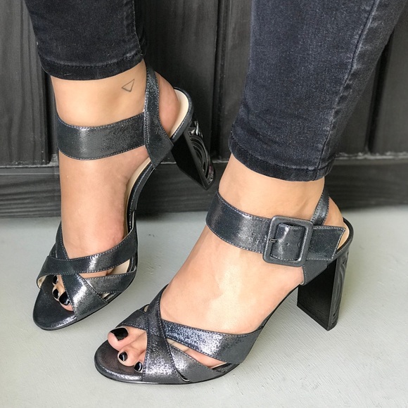 Silver Metallic Crisscross Metal Block Heel Sandal - Picture 1 of 6
